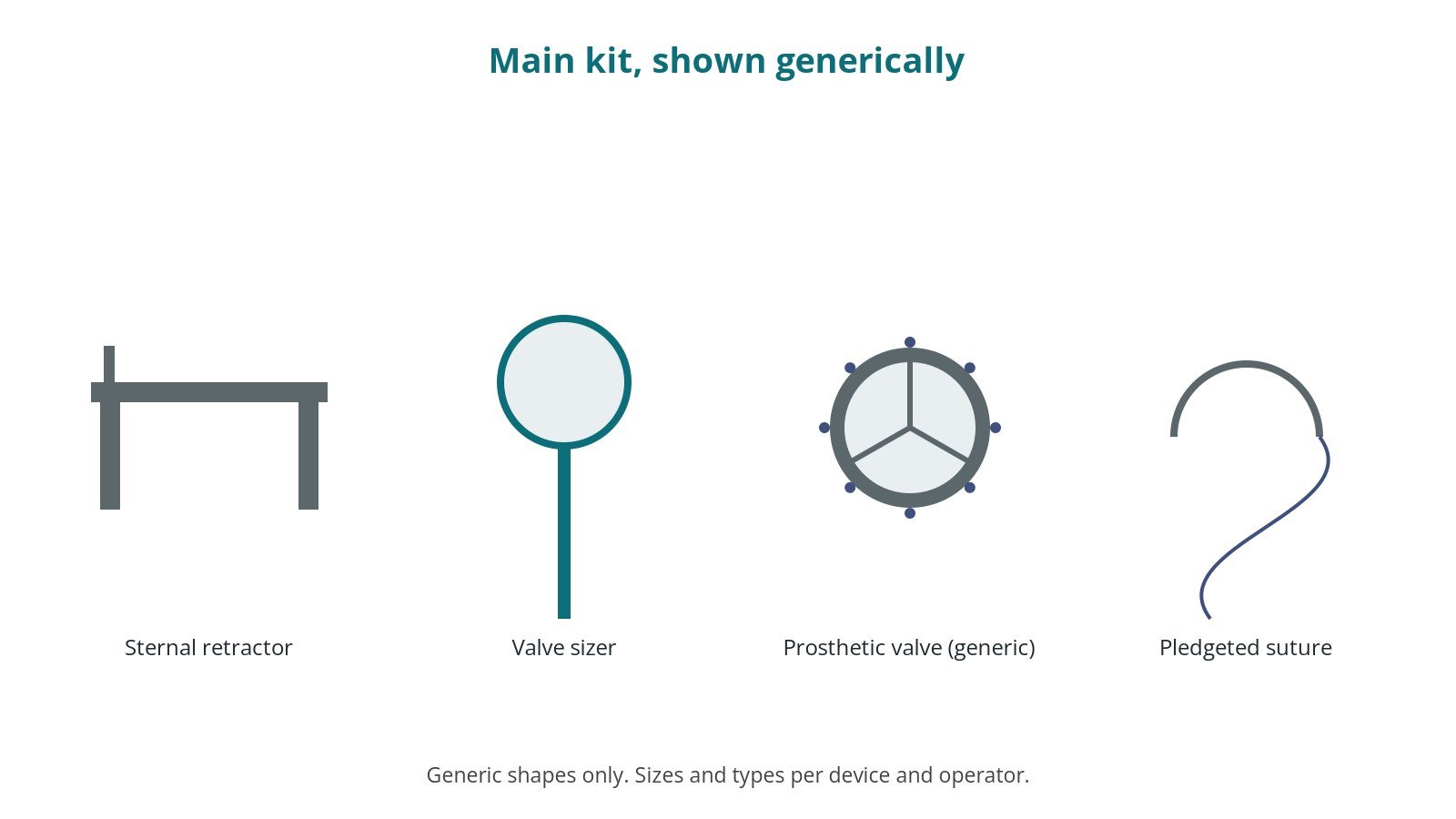 Generic drawings of the main kit: sternal retractor, valve sizer, prosthetic valve (generic), pledgeted suture