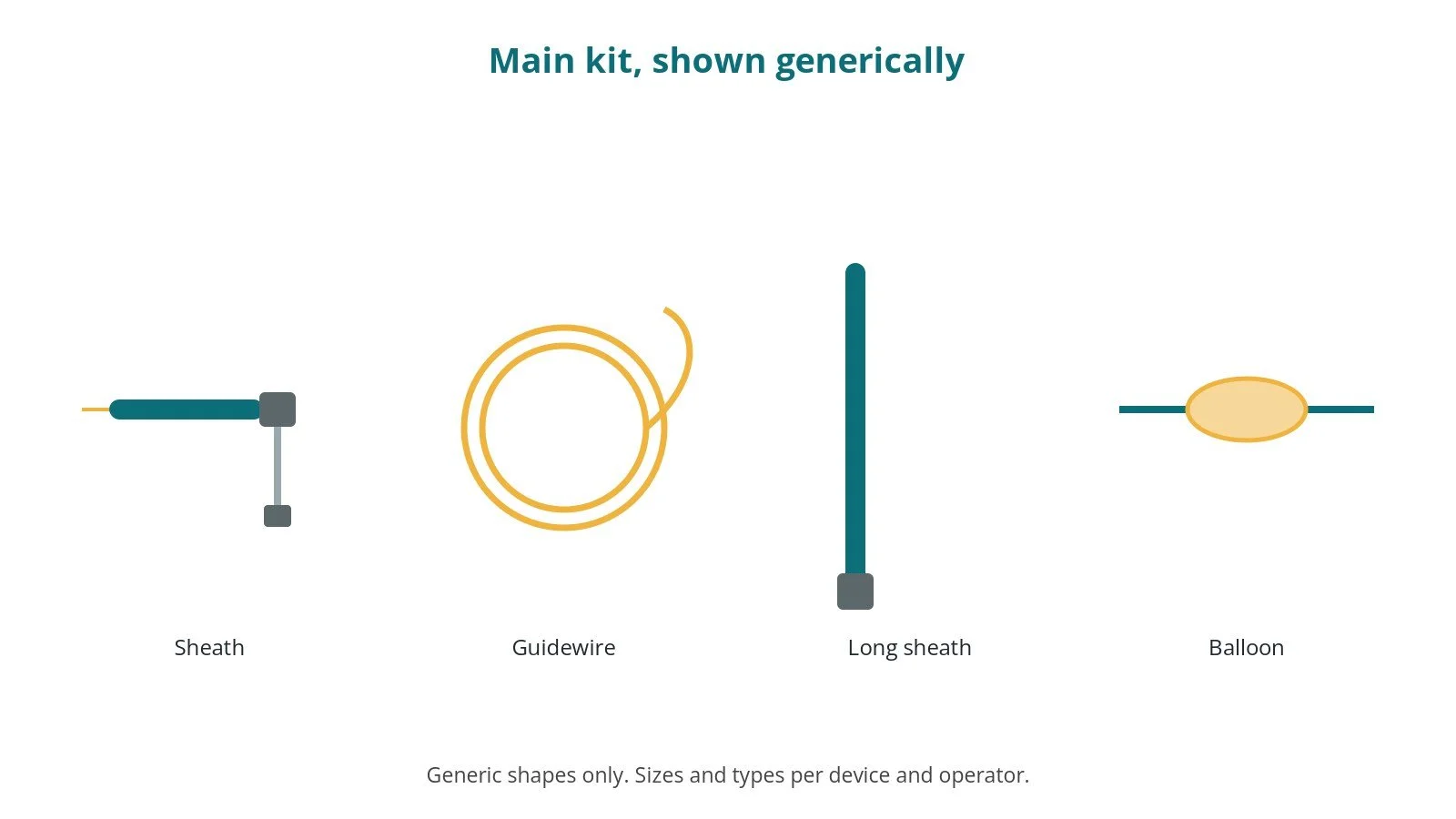 Generic drawings of the main kit: sheath, guidewire, long sheath, balloon