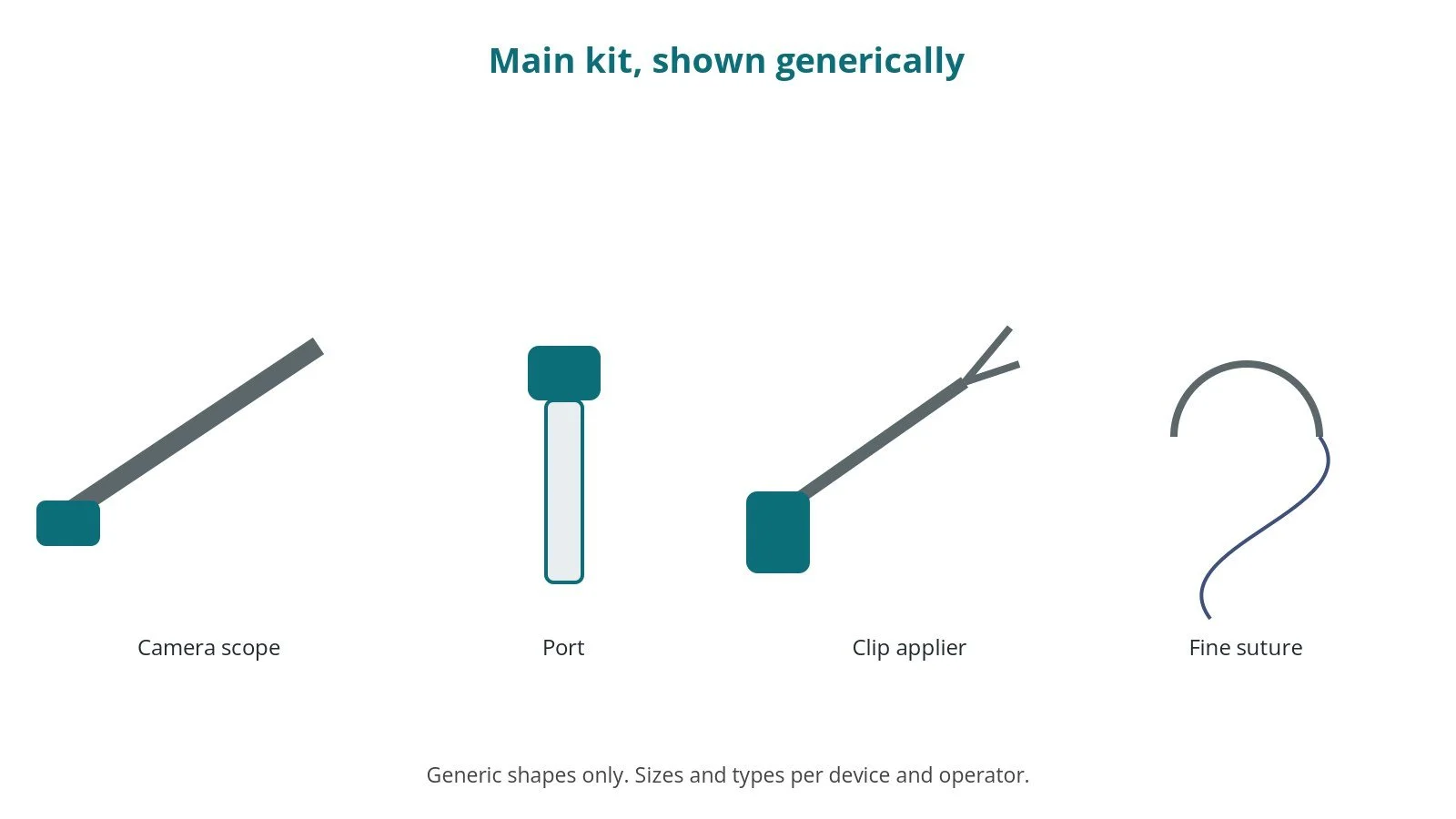 Generic drawings of the main kit: camera scope, port, clip applier, fine suture