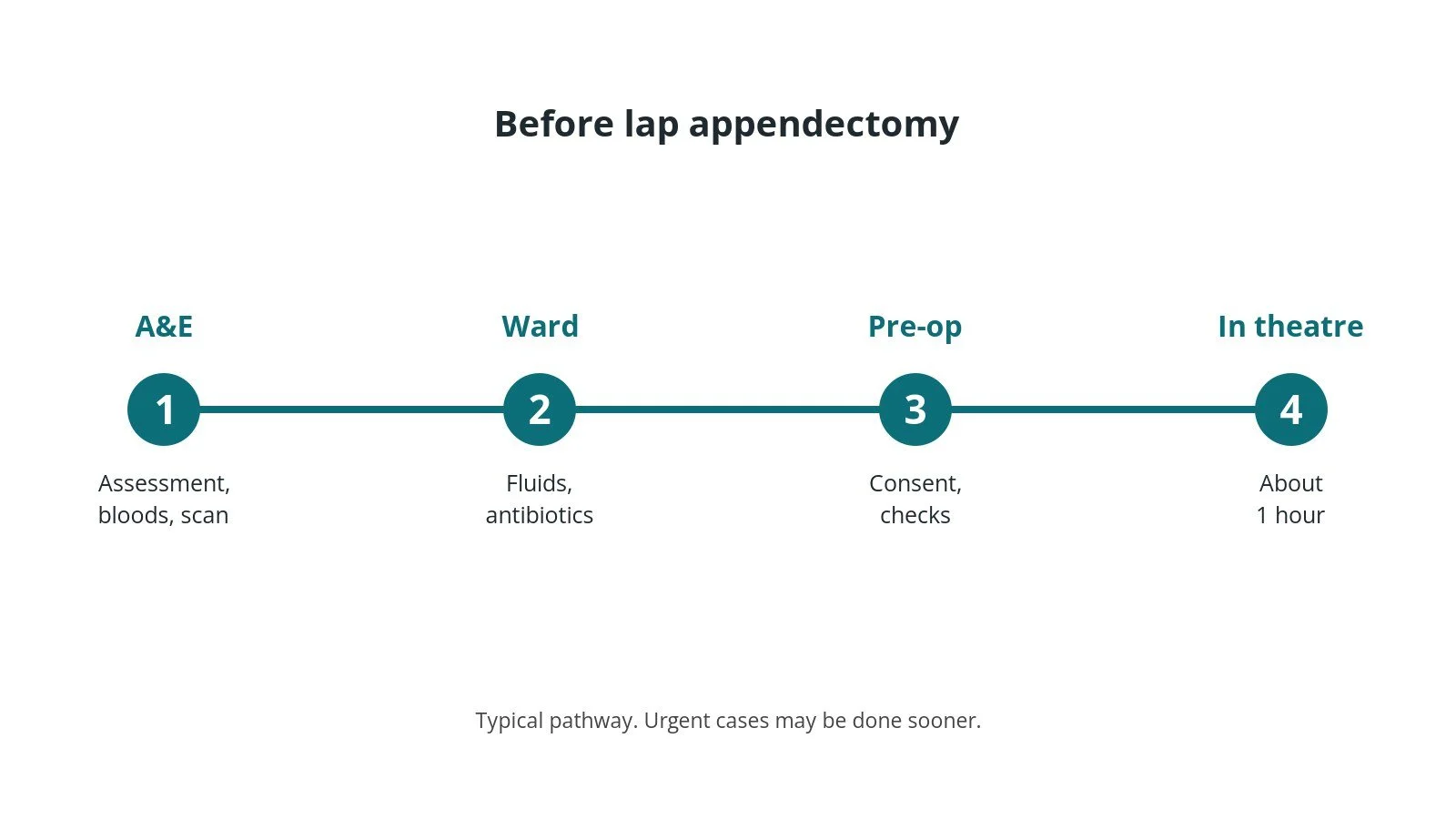 Timeline of the usual steps before lap appendectomy: A&E: Assessment, bloods, scan, Ward: Fluids, antibiotics, Pre-op: Consent, checks, In theatre: About 1 hour