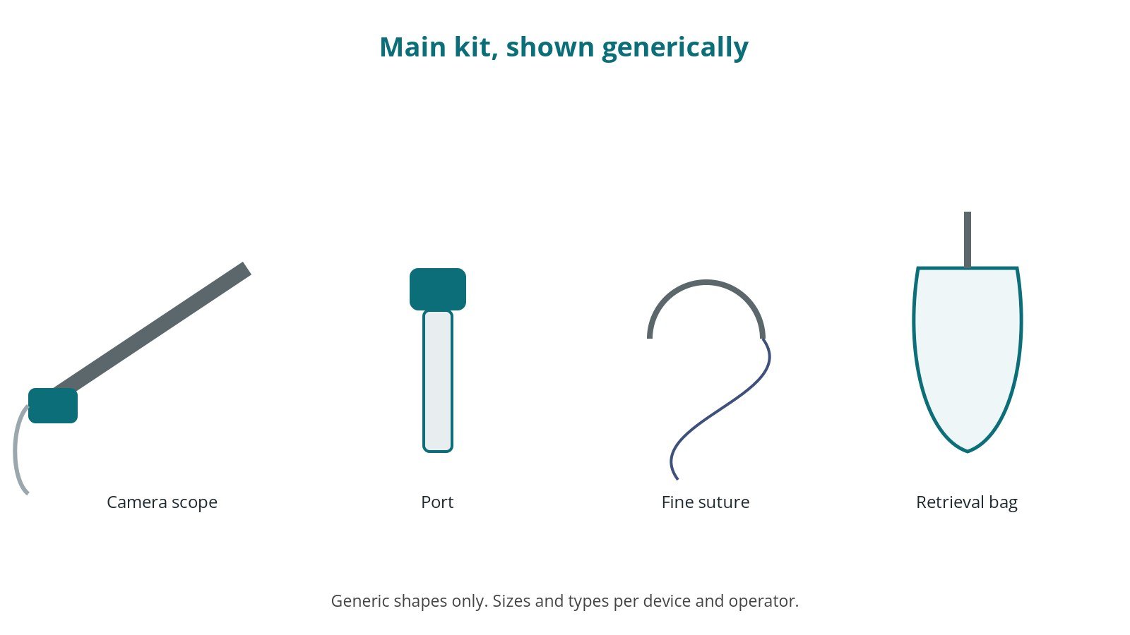 Generic drawings of the main kit: camera scope, port, fine suture, retrieval bag