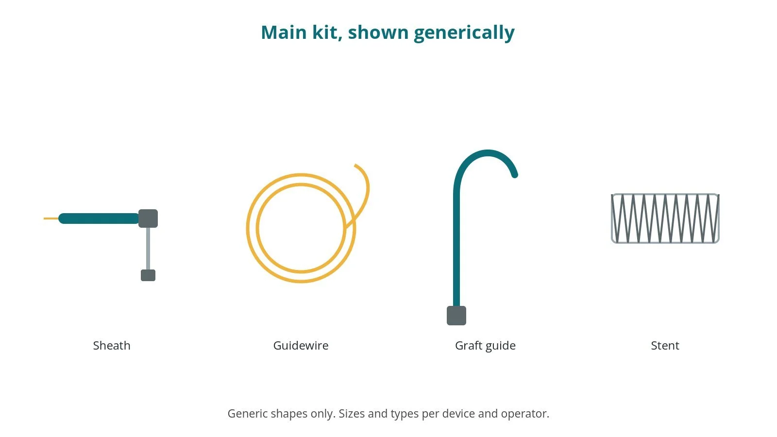 Generic drawings of the main kit: sheath, guidewire, graft guide, stent