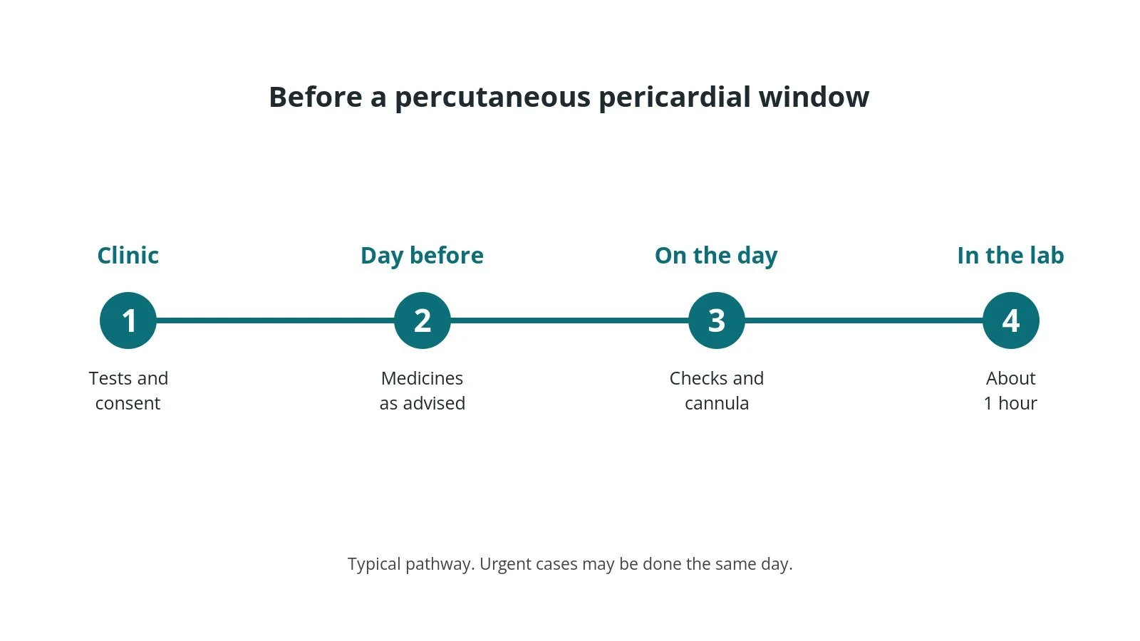 Timeline of the usual steps before a percutaneous pericardial window: clinic tests and consent, medicine advice, checks on the day, and the procedure