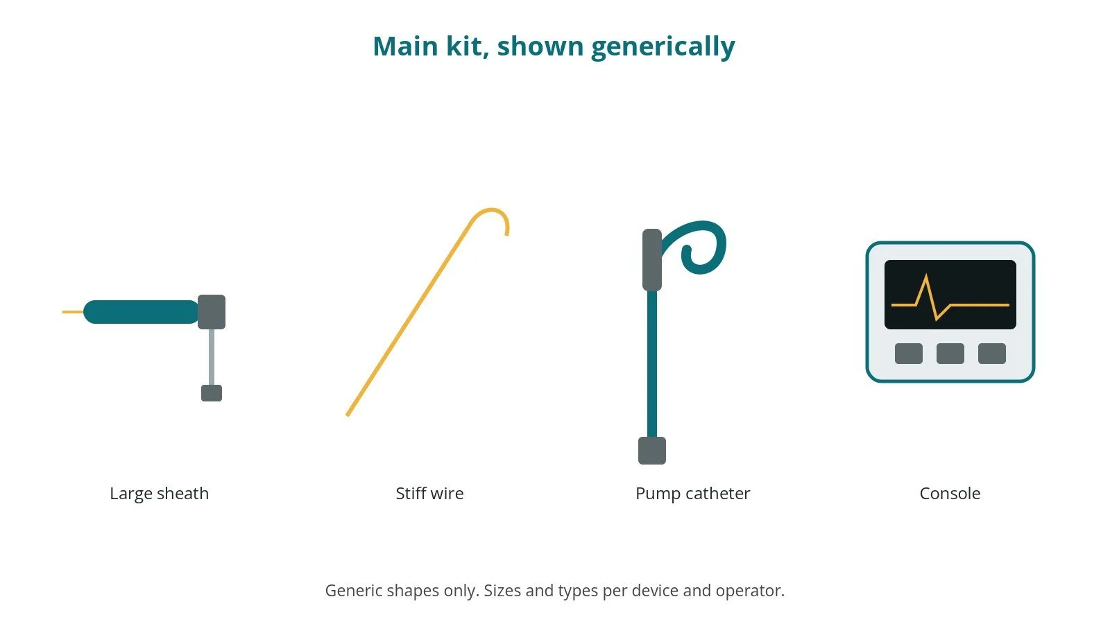 Generic drawings of the main kit: large sheath, stiff wire, pump catheter, console