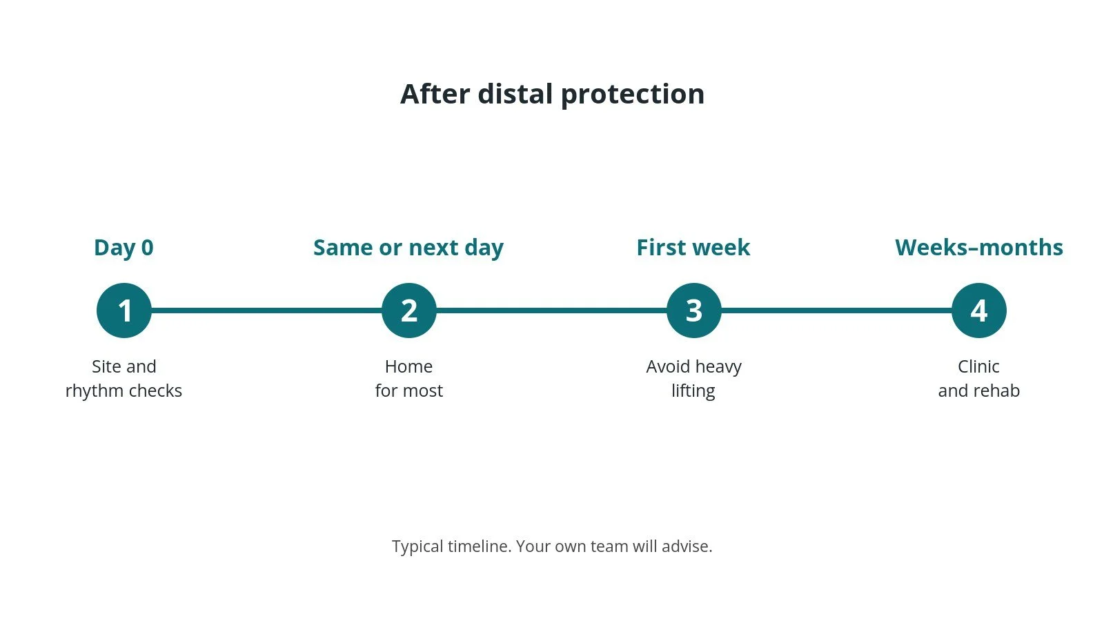 Recovery timeline after distal protection: Day 0: Site and rhythm checks, Same or next day: Home for most, First week: Avoid heavy lifting, Weeks–months: Clinic and rehab
