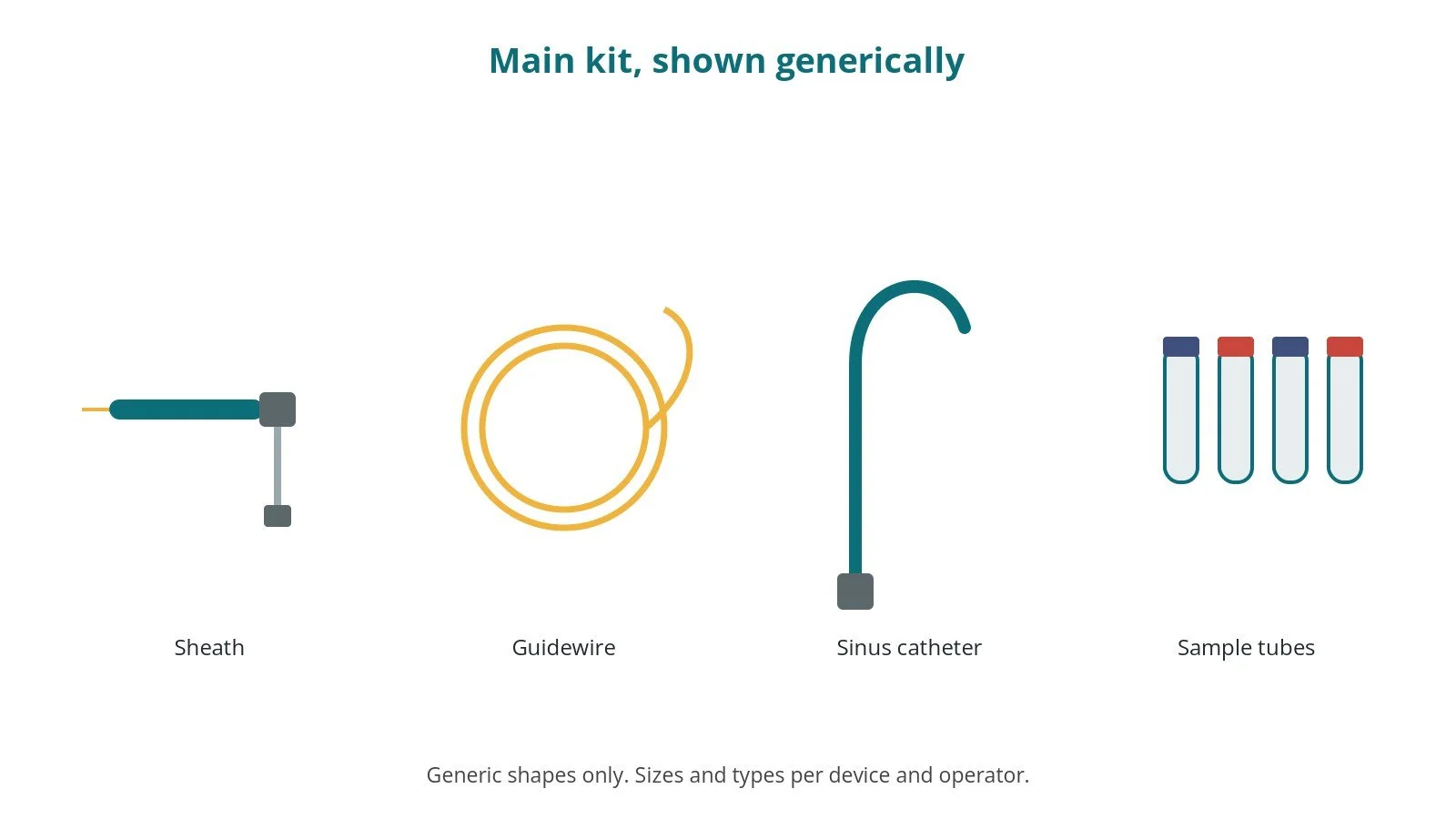 Generic drawings of the main kit: sheath, guidewire, sinus catheter, sample tubes