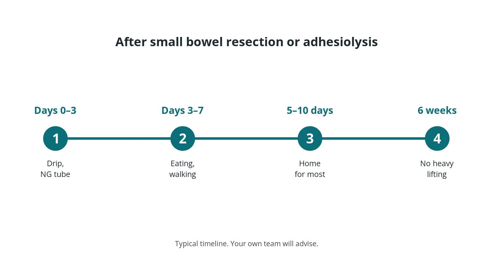 Recovery timeline after small bowel resection or adhesiolysis: Days 0–3: Drip, NG tube, Days 3–7: Eating, walking, 5–10 days: Home for most, 6 weeks: No heavy lifting