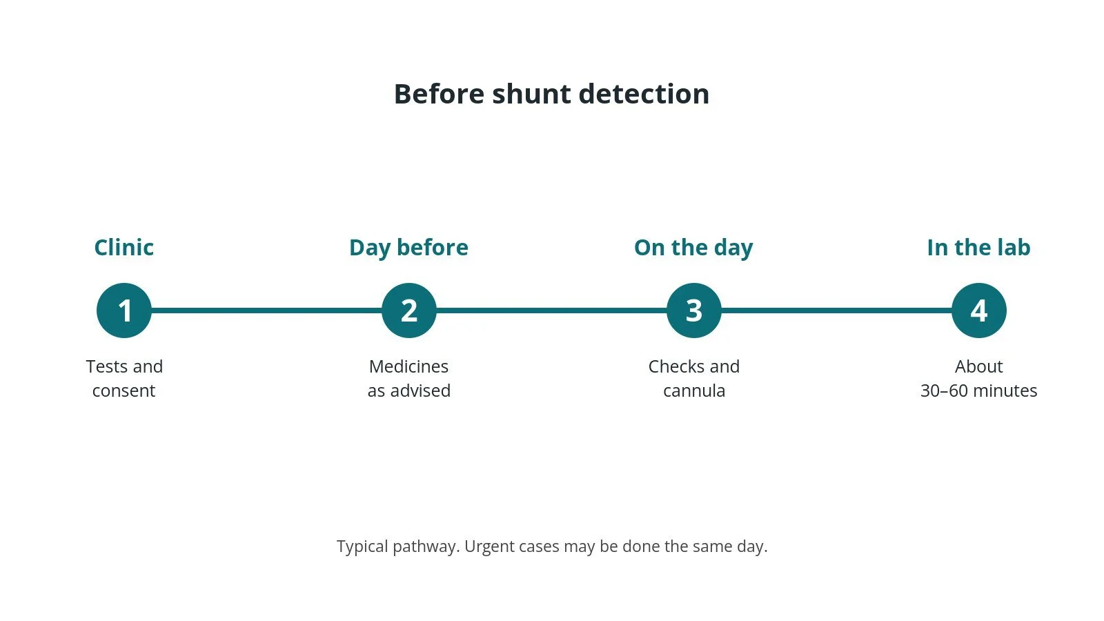 Timeline of the usual steps before shunt detection: clinic tests and consent, medicine advice, checks on the day, and the procedure