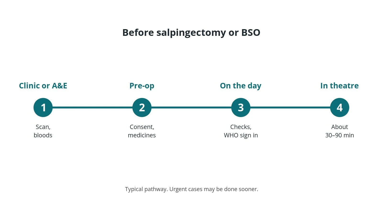 Timeline of the usual steps before salpingectomy or BSO: Clinic or A&E: Scan, bloods, Pre-op: Consent, medicines, On the day: Checks, WHO sign in, In theatre: About 30–90 min