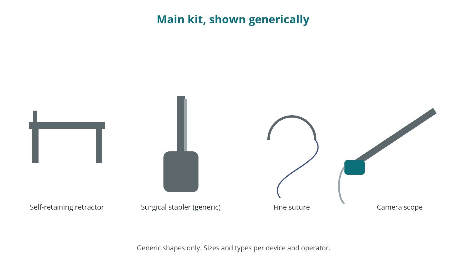 Generic drawings of the main kit: self-retaining retractor, surgical stapler (generic), fine suture, camera scope