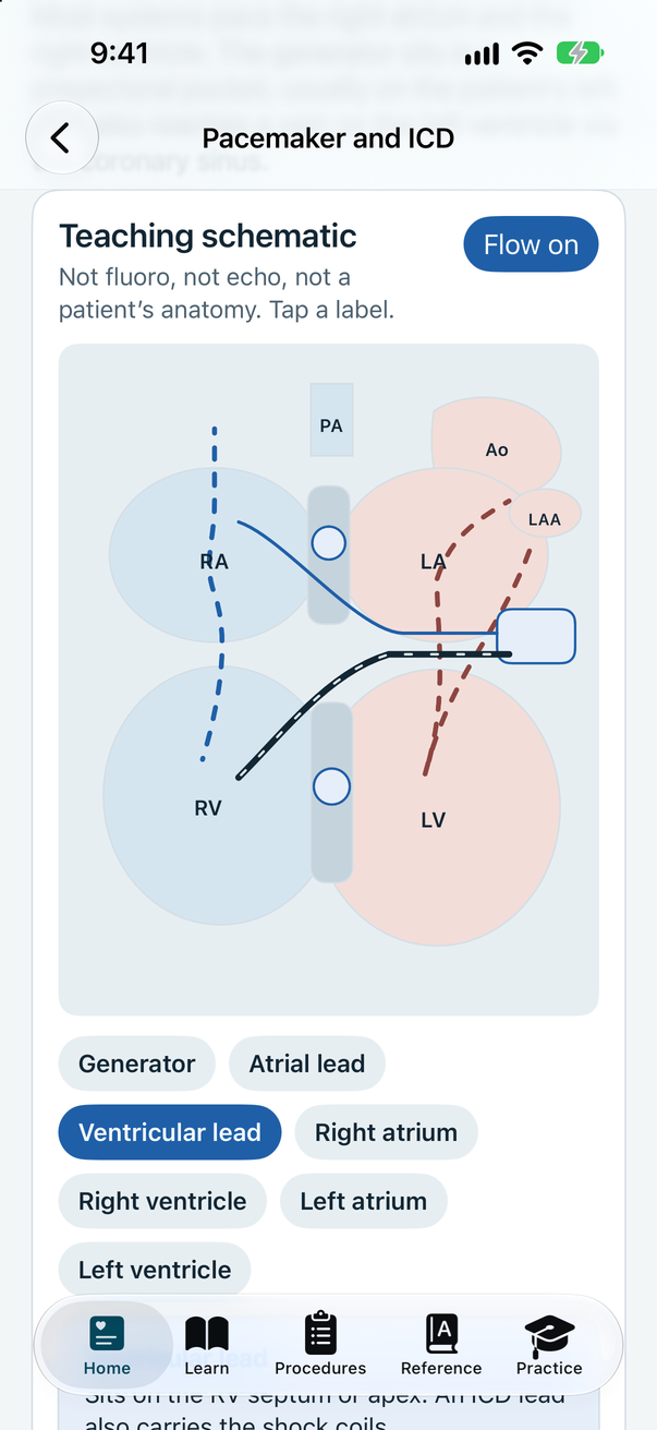 Cath Lab 101 app: pacemaker and ICD teaching schematic showing the atrial and ventricular leads