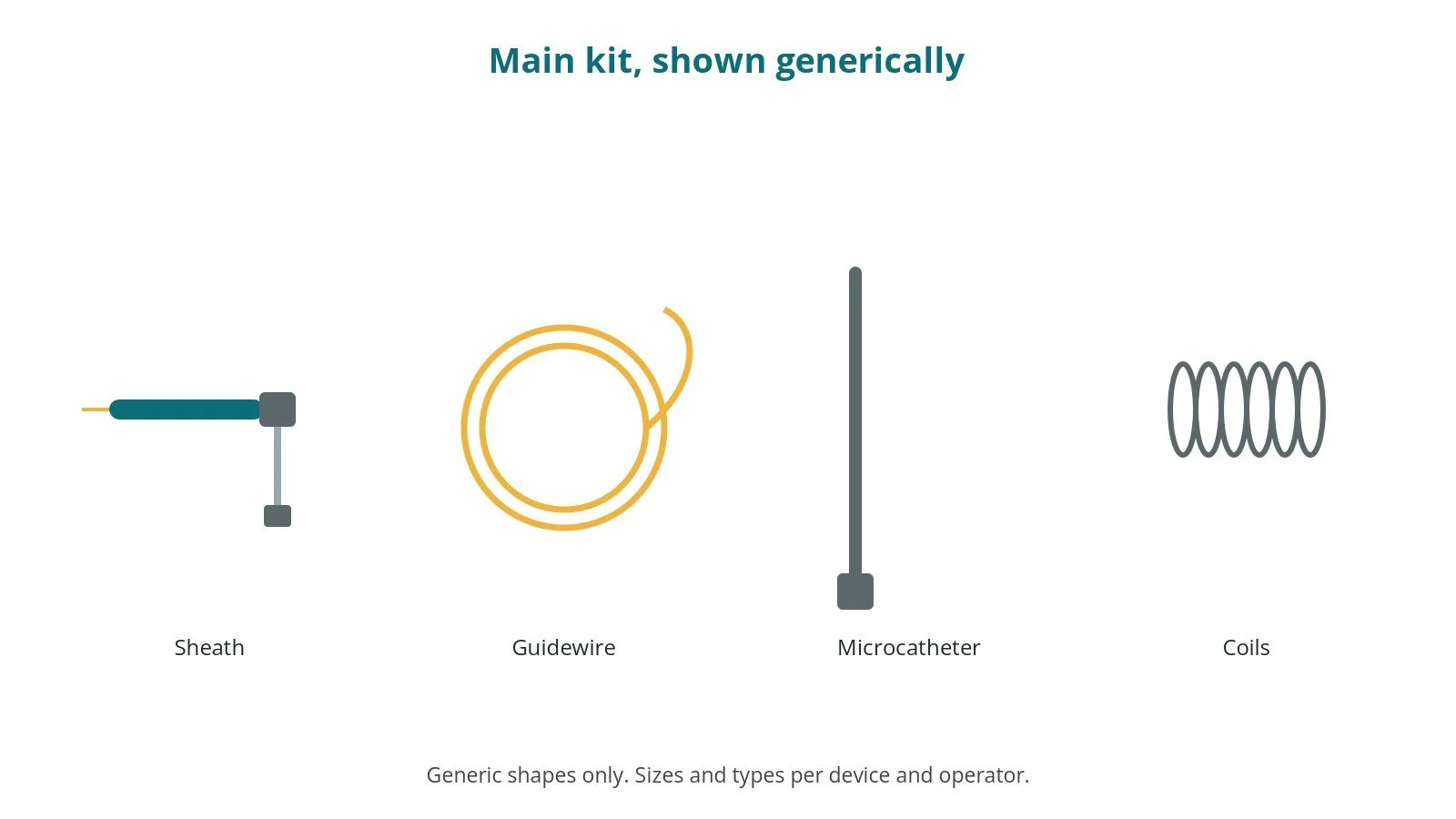 Generic drawings of the main kit: sheath, guidewire, microcatheter, coils