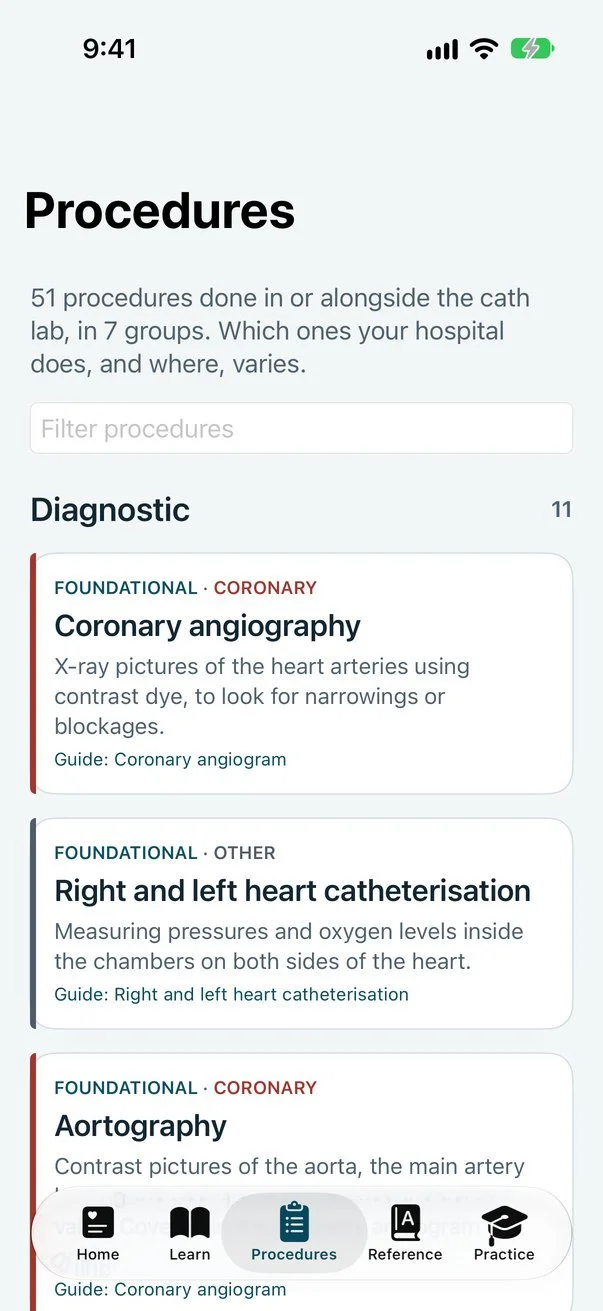 Cath Lab 101 on iPhone: the Procedures tab, 51 procedures in 7 groups, starting with Diagnostic