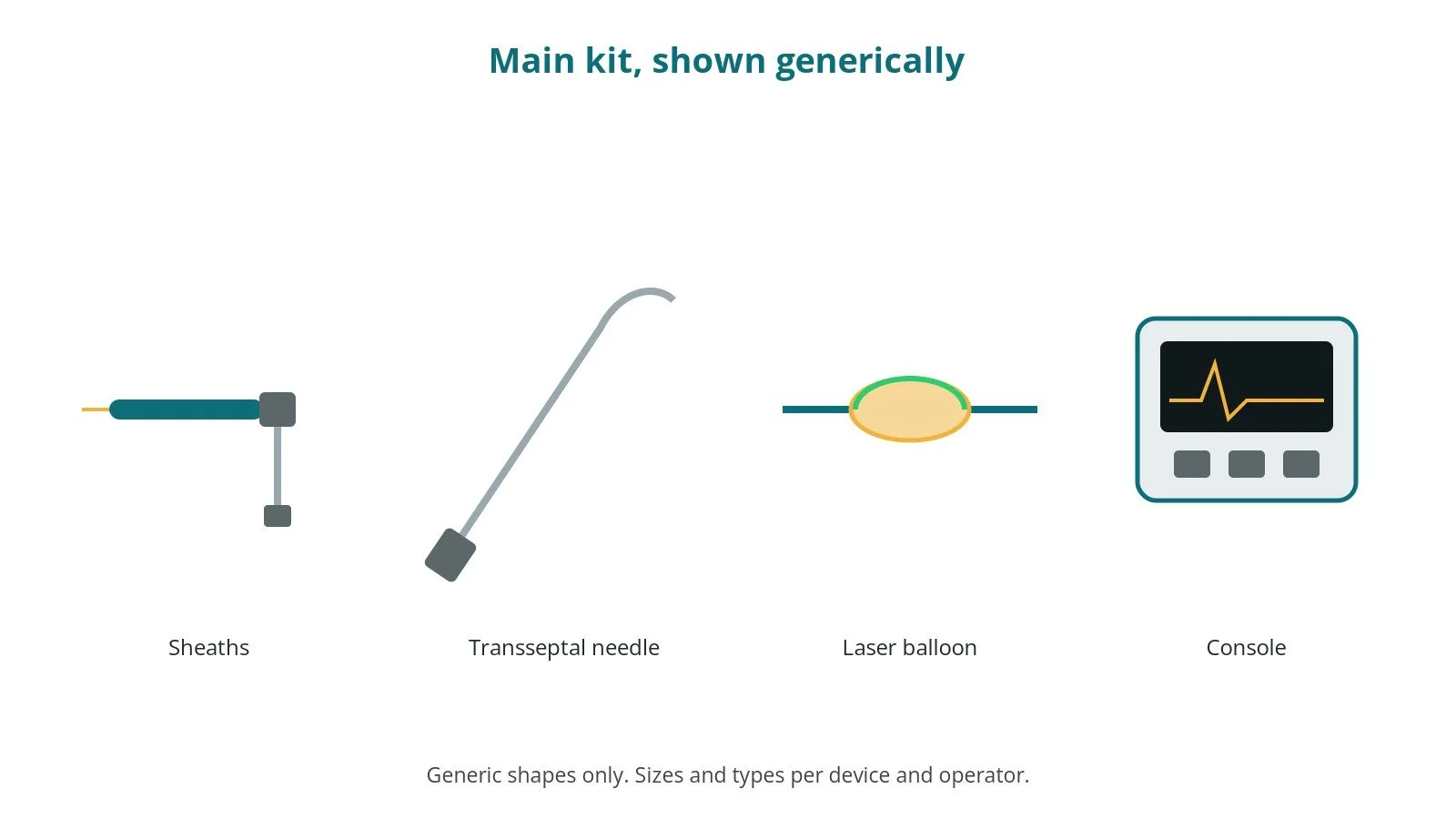 Generic drawings of the main kit: sheaths, transseptal needle, laser balloon, console