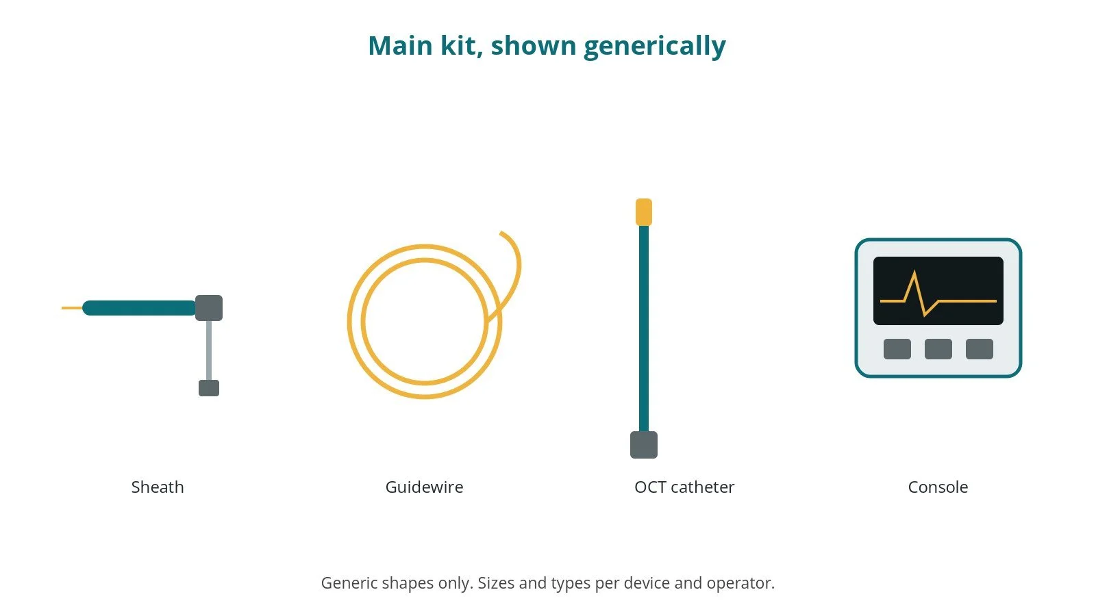 Generic drawings of the main kit: sheath, guidewire, oct catheter, console