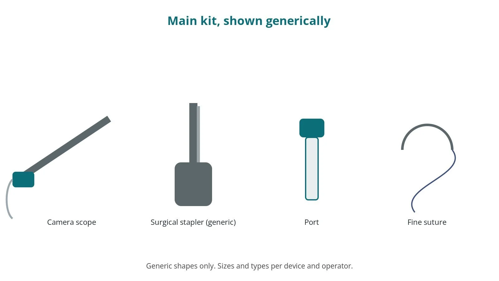 Generic drawings of the main kit: camera scope, surgical stapler (generic), port, fine suture