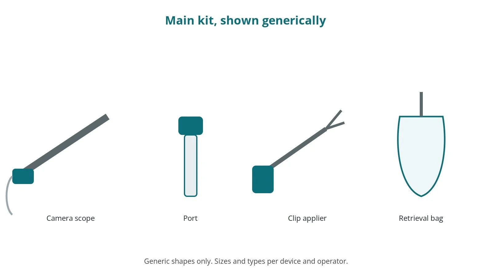 Generic drawings of the main kit: camera scope, port, clip applier, retrieval bag