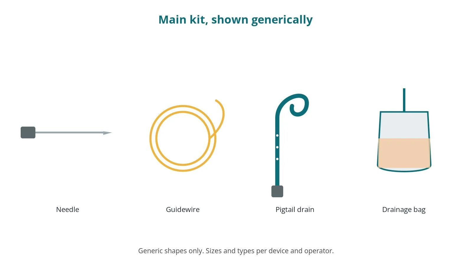 Generic drawings of the main kit: needle, guidewire, pigtail drain, drainage bag