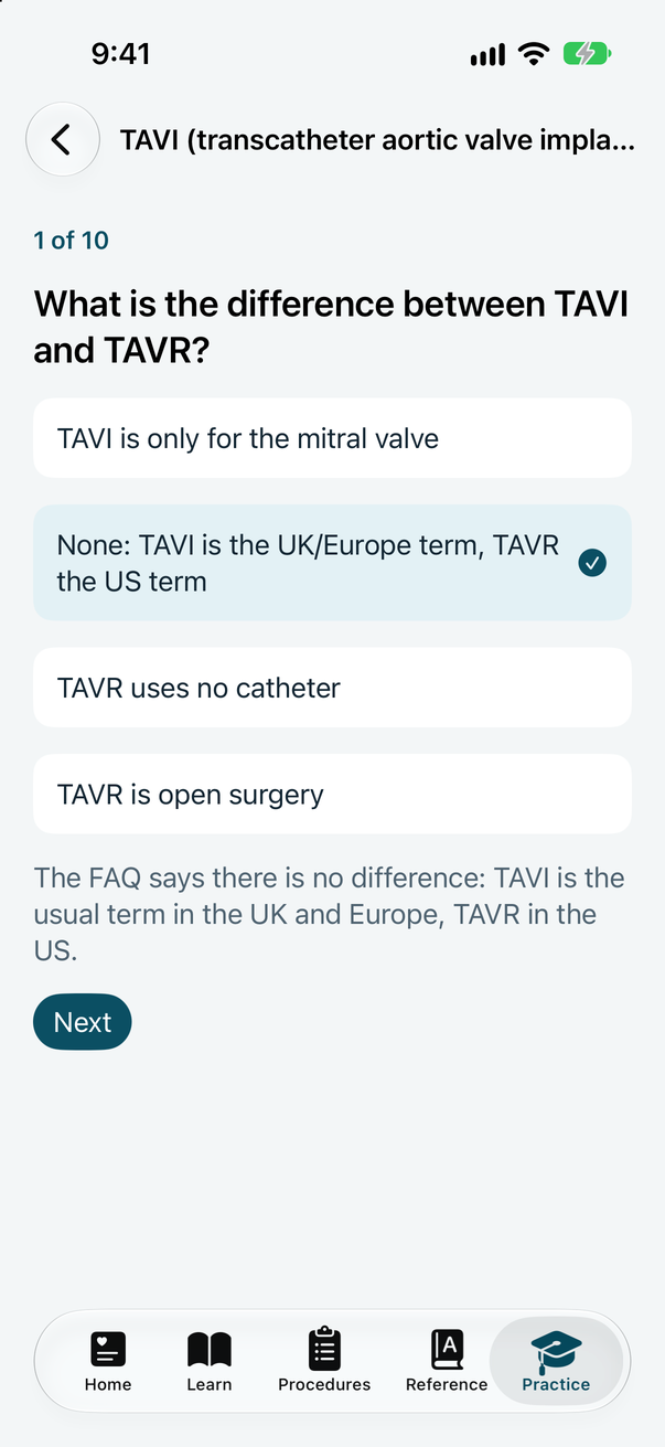 Cath Lab 101 app: practice quiz question with an explanation of the answer