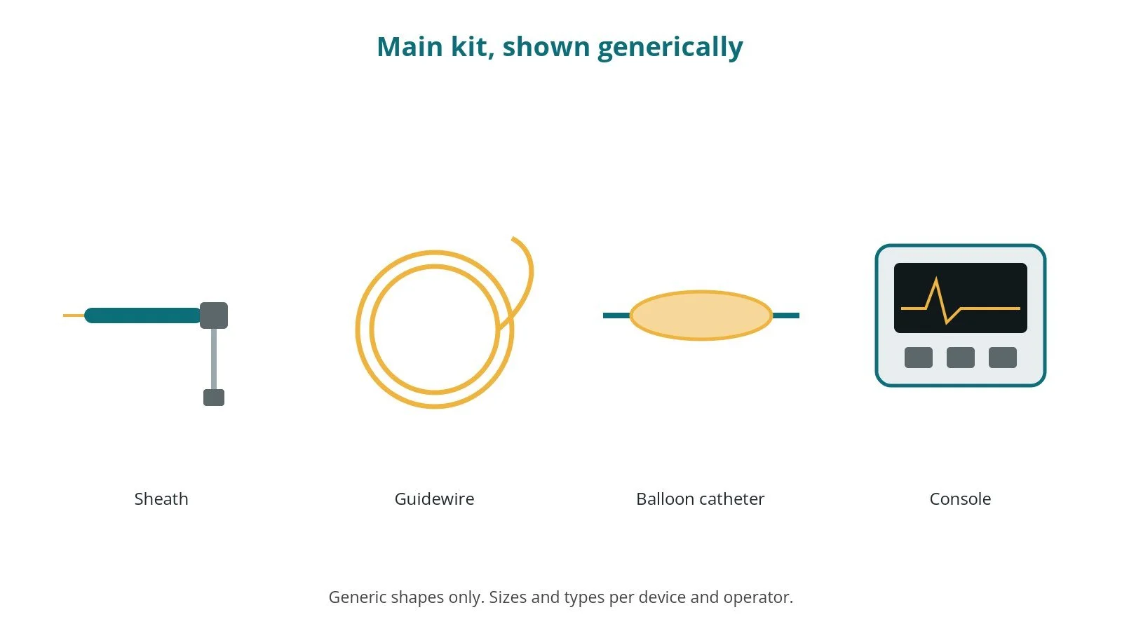 Generic drawings of the main kit: sheath, guidewire, balloon catheter, console