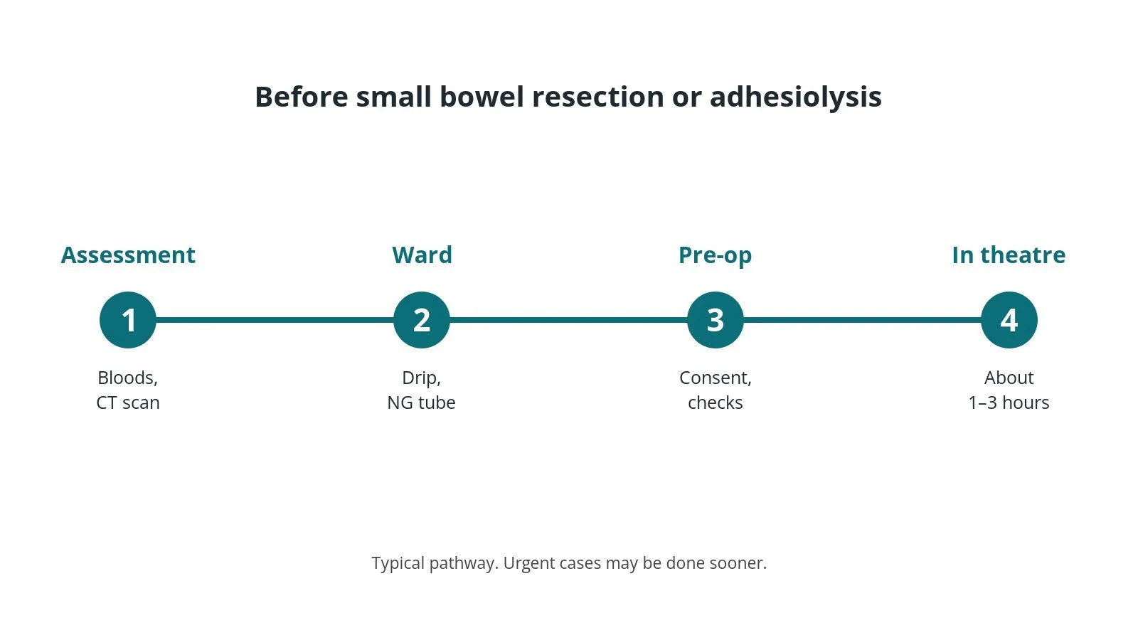 Timeline of the usual steps before small bowel resection or adhesiolysis: Assessment: Bloods, CT scan, Ward: Drip, NG tube, Pre-op: Consent, checks, In theatre: About 1–3 hours
