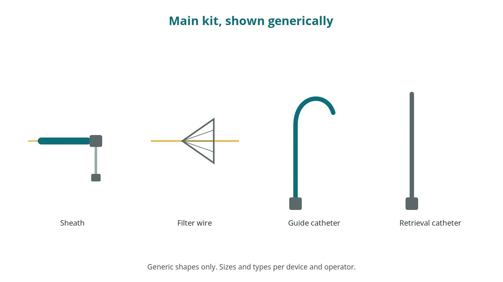 Generic drawings of the main kit: sheath, filter wire, guide catheter, retrieval catheter