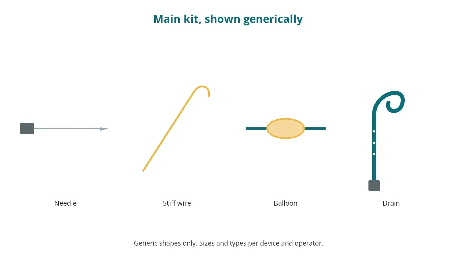 Generic drawings of the main kit: needle, stiff wire, balloon, drain