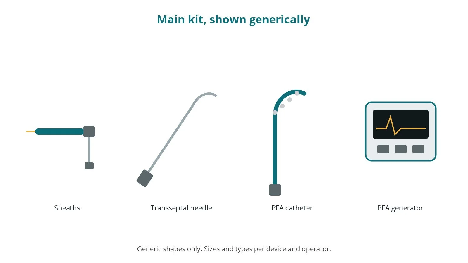 Generic drawings of the main kit: sheaths, transseptal needle, pfa catheter, pfa generator