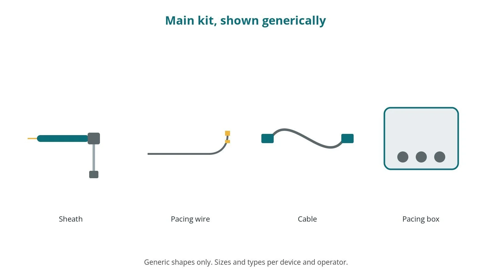 Generic drawings of the main kit: sheath, pacing wire, cable, pacing box