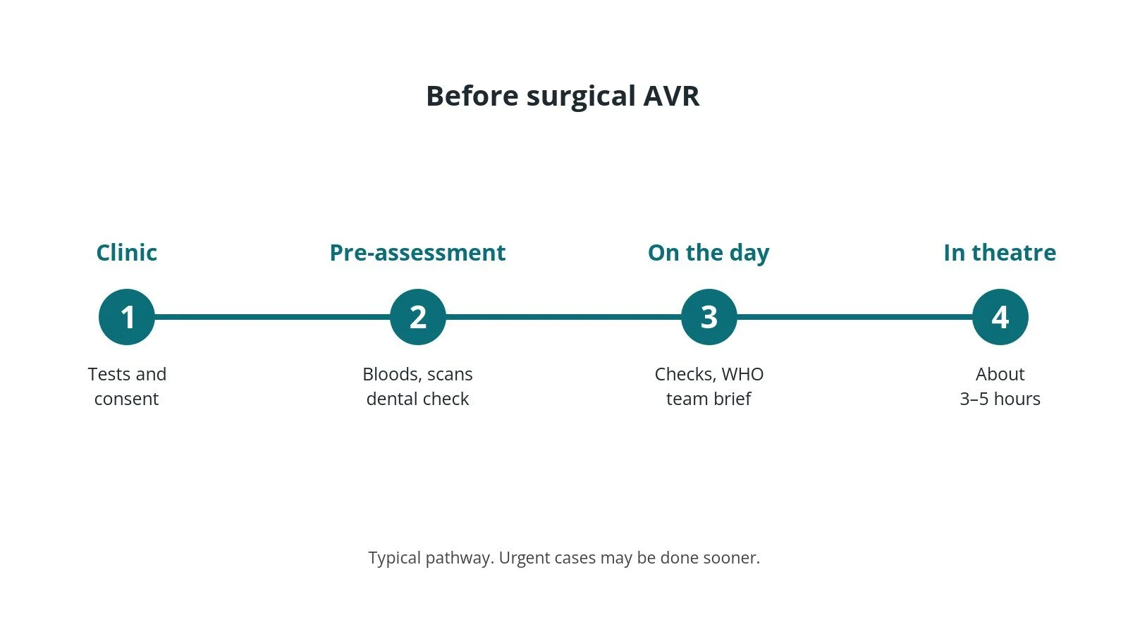 Timeline of the usual steps before surgical AVR: Clinic: Tests and consent, Pre-assessment: Bloods, scans dental check, On the day: Checks, WHO team brief, In theatre: About 3–5 hours
