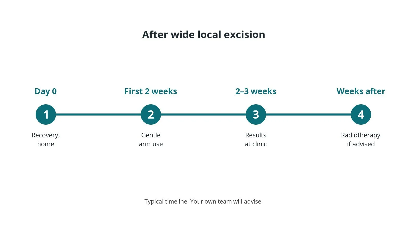 Recovery timeline after wide local excision: Day 0: Recovery, home, First 2 weeks: Gentle arm use, 2–3 weeks: Results at clinic, Weeks after: Radiotherapy if advised