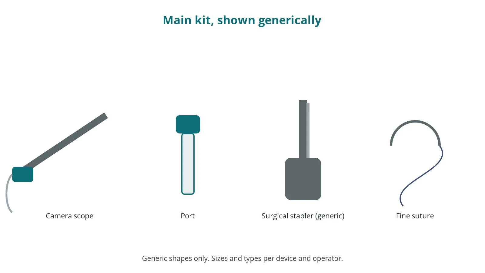 Generic drawings of the main kit: camera scope, port, surgical stapler (generic), fine suture
