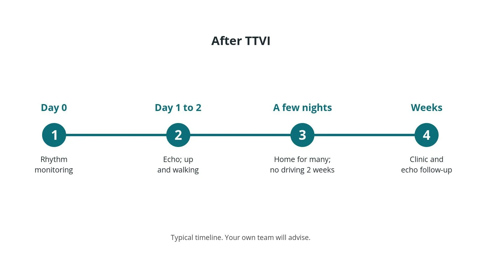 Recovery timeline after TTVI: rhythm monitoring on day 0, echo after 1 to 2 days, home after a few nights, follow-up echo