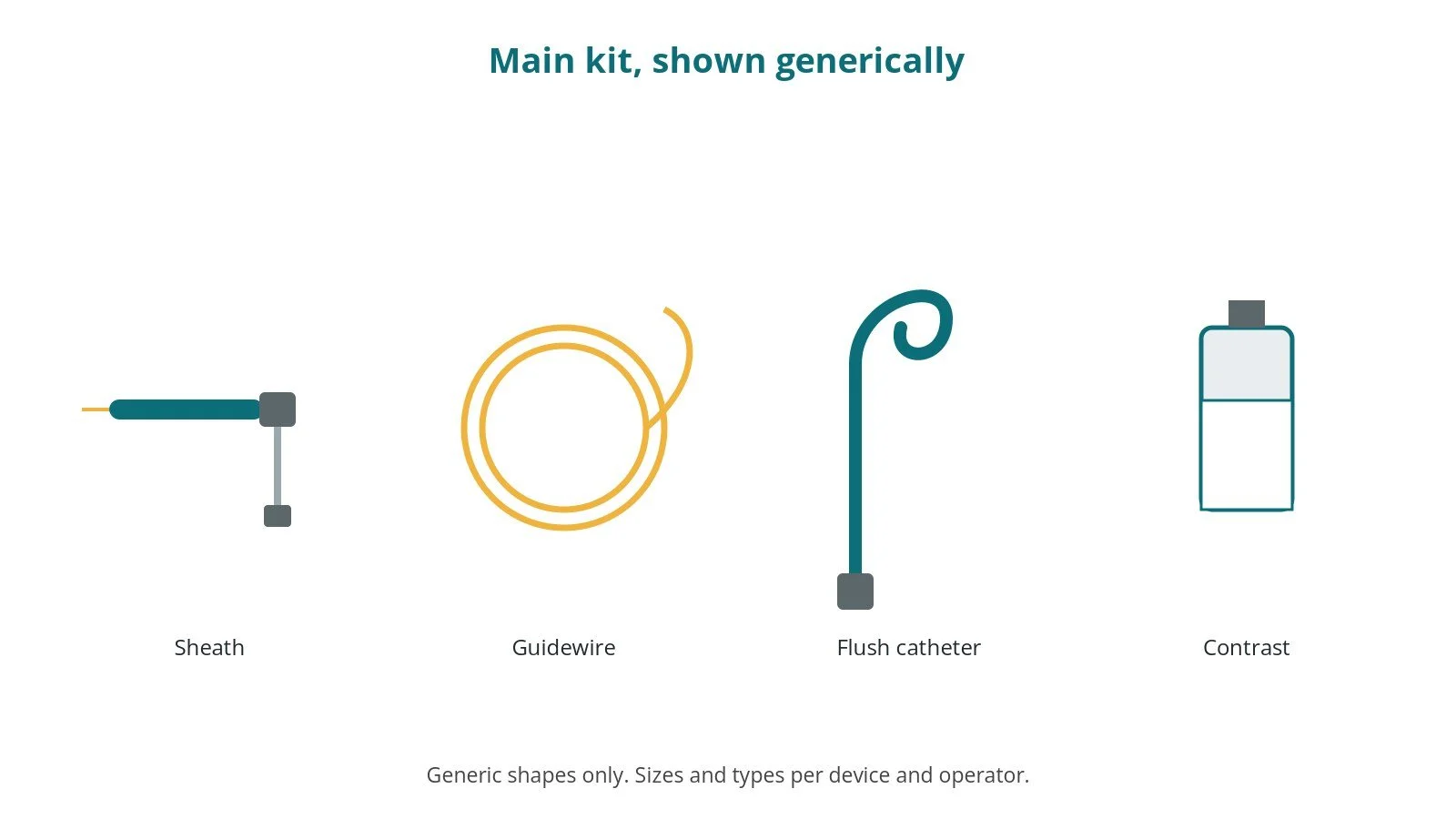 Generic drawings of the main kit: sheath, guidewire, flush catheter, contrast
