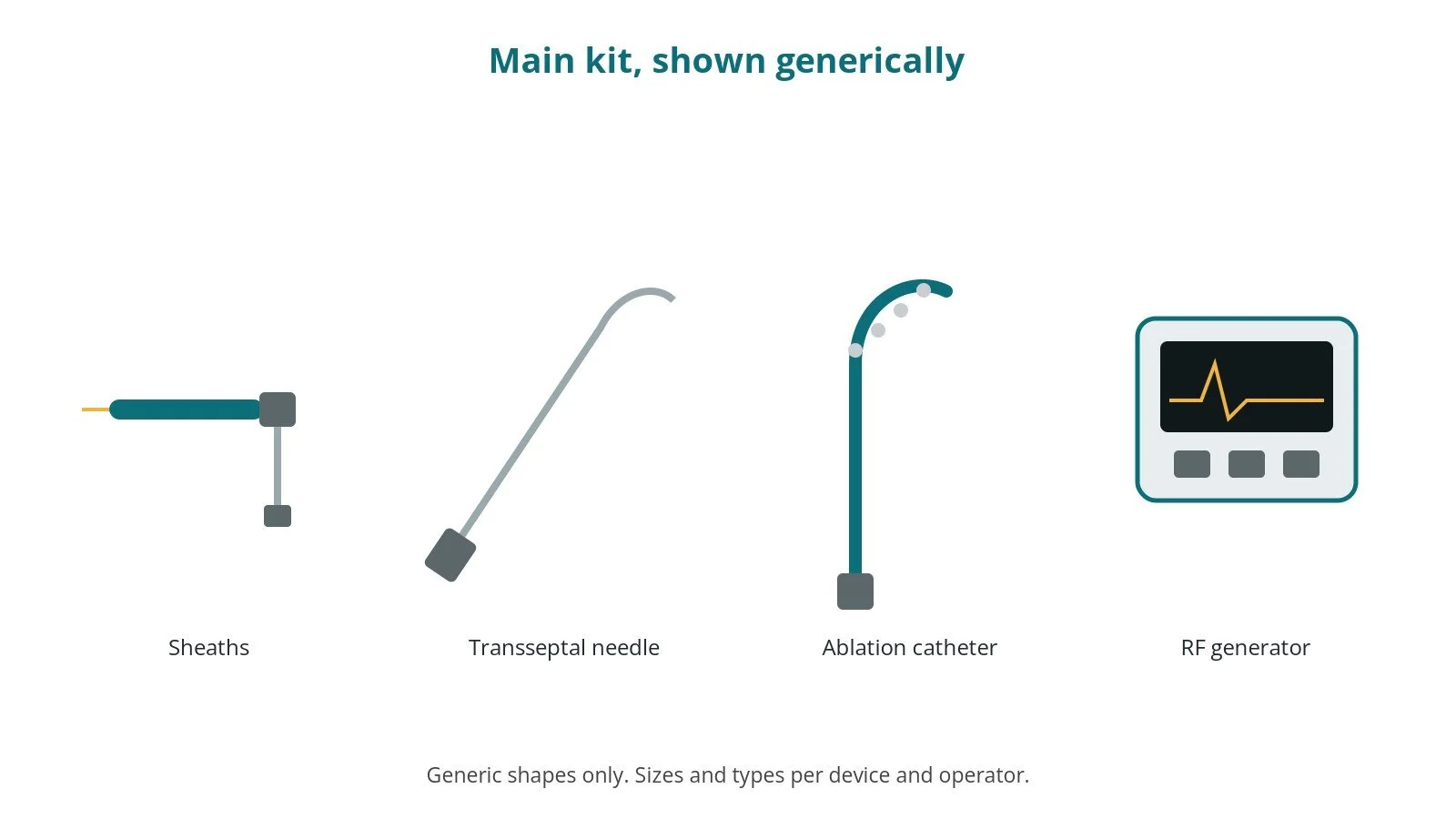 Generic drawings of the main kit: sheaths, transseptal needle, ablation catheter, rf generator