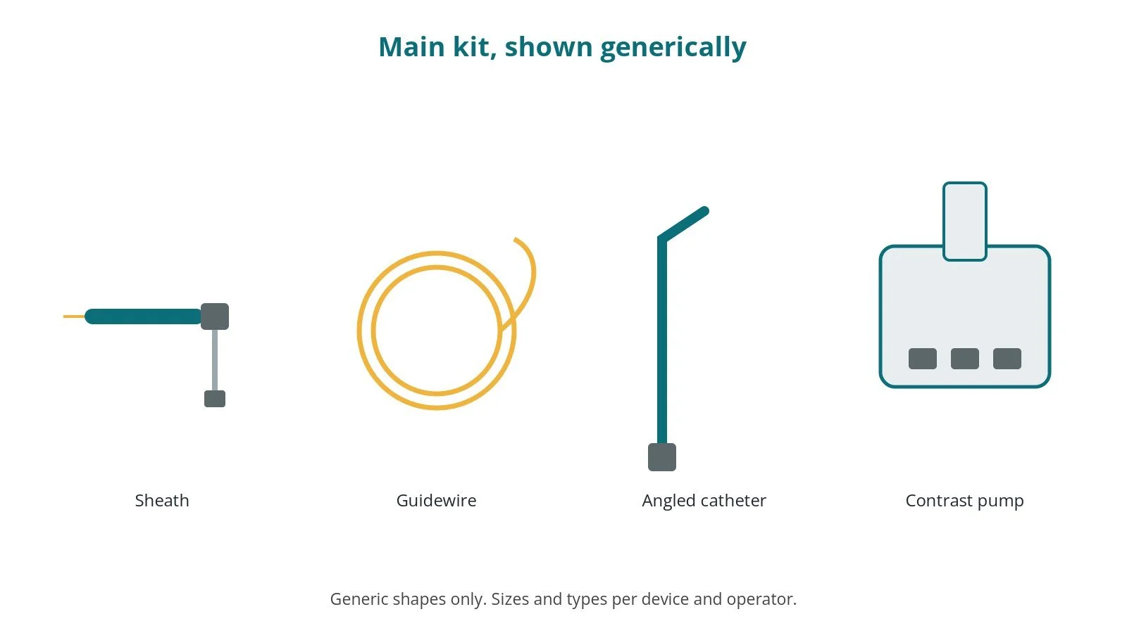 Generic drawings of the main kit: sheath, guidewire, angled catheter, contrast pump
