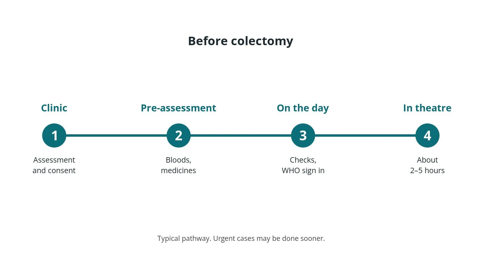 Timeline of the usual steps before colectomy: Clinic: Assessment and consent, Pre-assessment: Bloods, medicines, On the day: Checks, WHO sign in, In theatre: About 2–5 hours