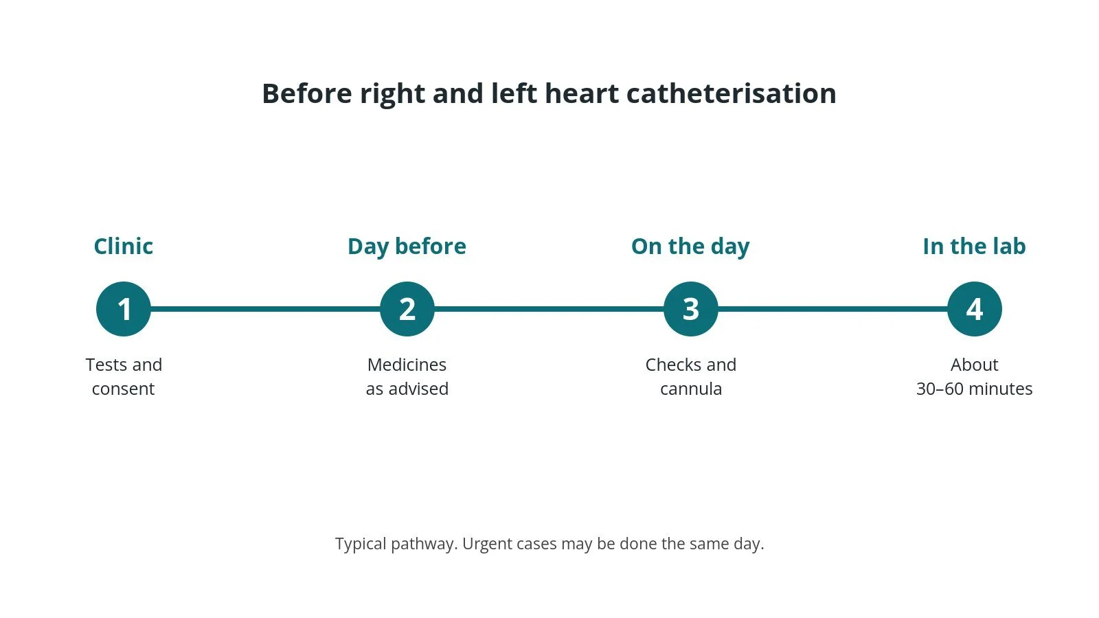 Timeline of the usual steps before right and left heart catheterisation: clinic tests and consent, medicine advice, checks on the day, and the procedure