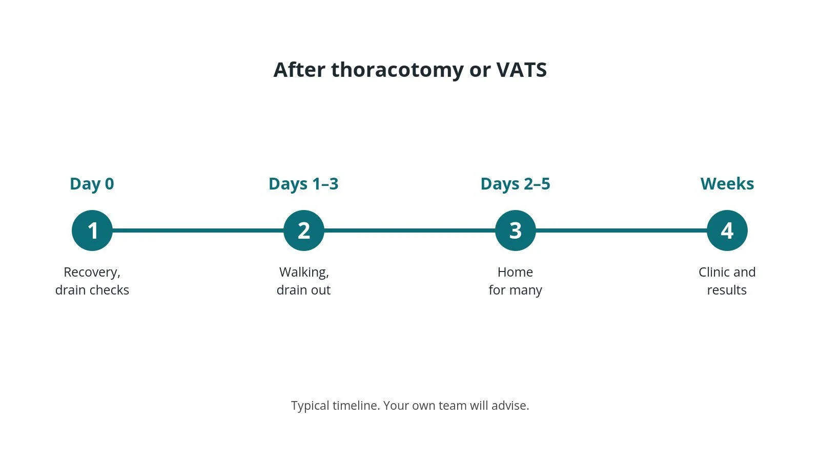 Recovery timeline after thoracotomy or VATS: Day 0: Recovery, drain checks, Days 1–3: Walking, drain out, Days 2–5: Home for many, Weeks: Clinic and results