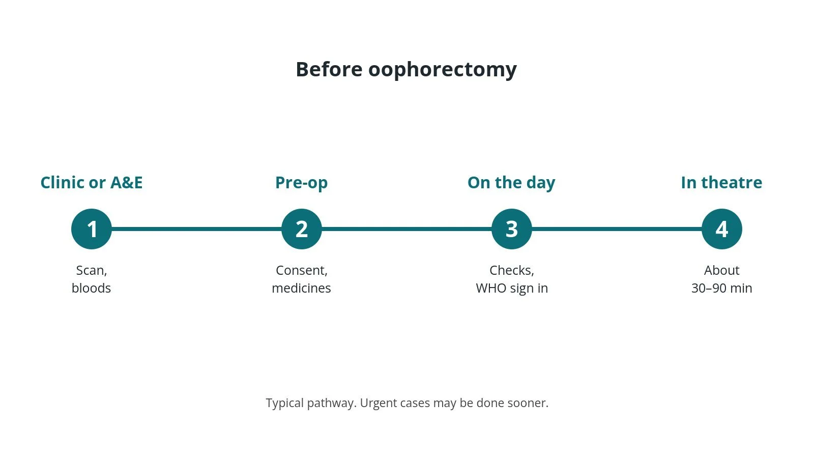 Timeline of the usual steps before oophorectomy: Clinic or A&E: Scan, bloods, Pre-op: Consent, medicines, On the day: Checks, WHO sign in, In theatre: About 30–90 min