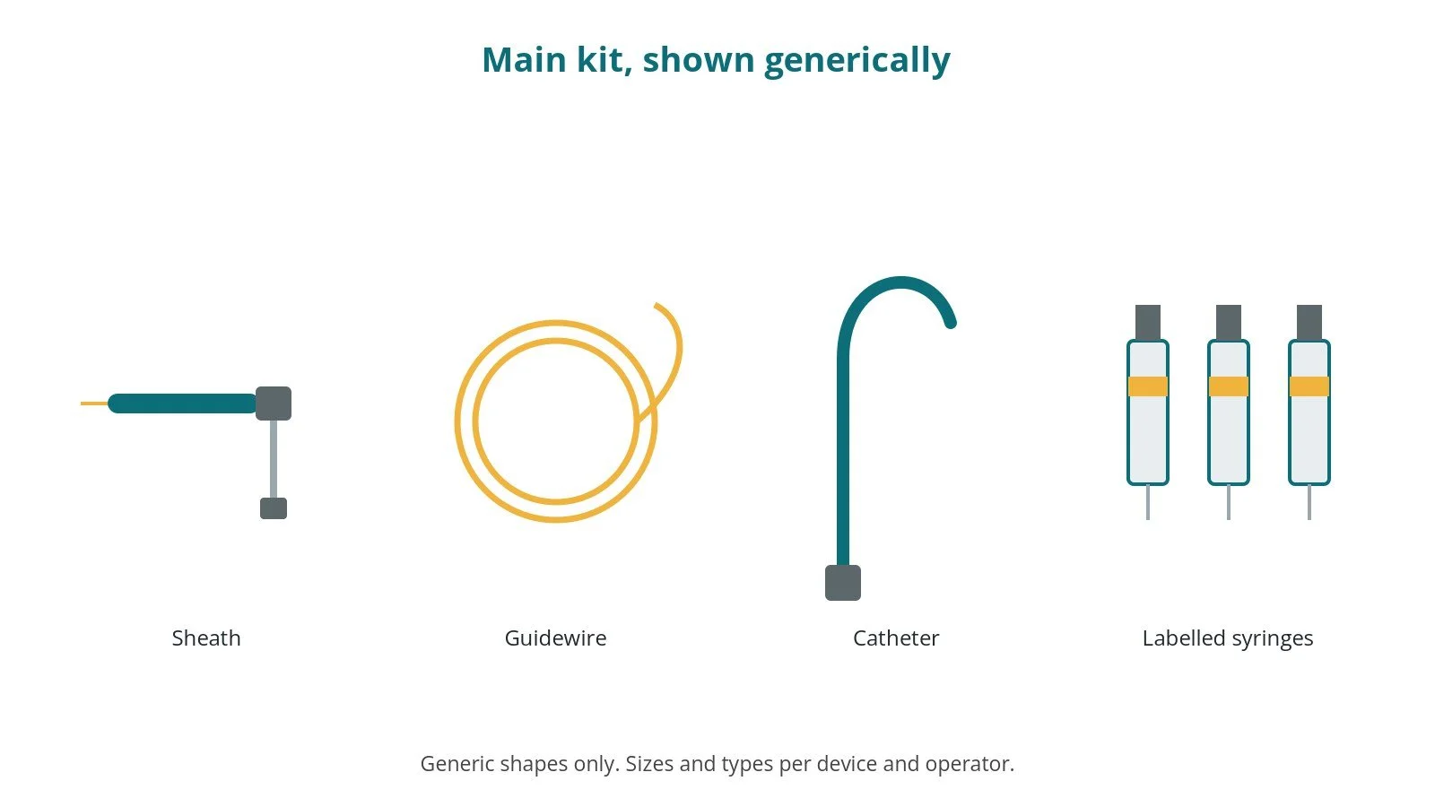 Generic drawings of the main kit: sheath, guidewire, catheter, labelled syringes