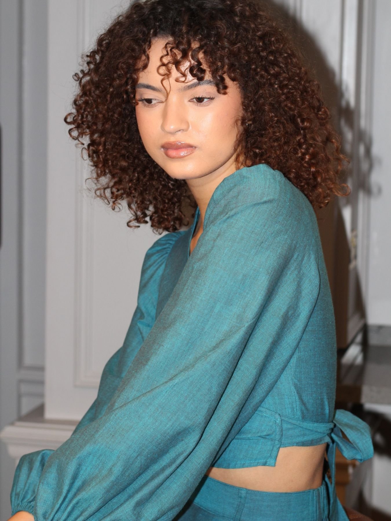 Fairtrade teal wrap top