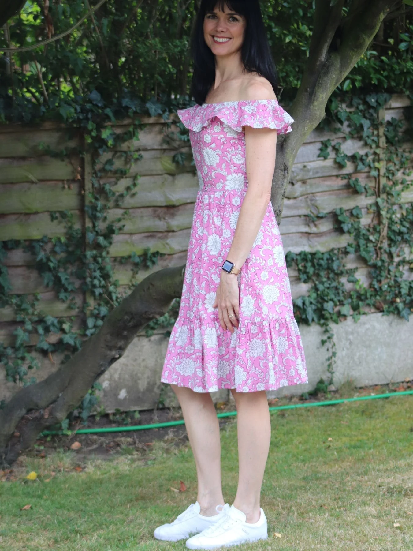 Pink and white handprinted floral summer short dress