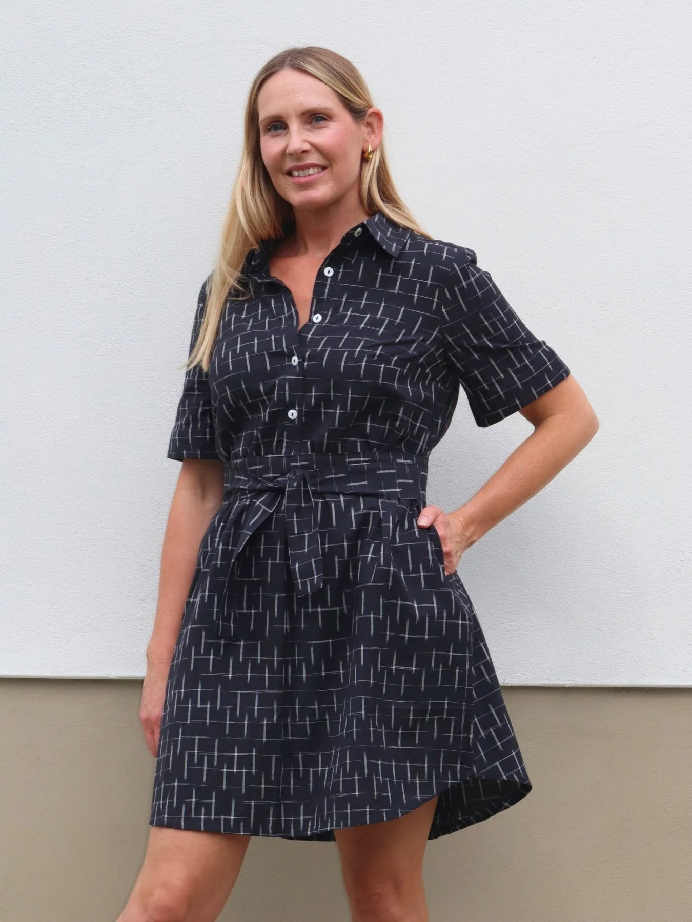 ikat shirt dress COTTON IKAT SHIRT DRESS Available in rich cranberry or deep navy, this fresh twist on our popular utility shape features a new pure cotton fabric woven with an exclusive ikat motif, making