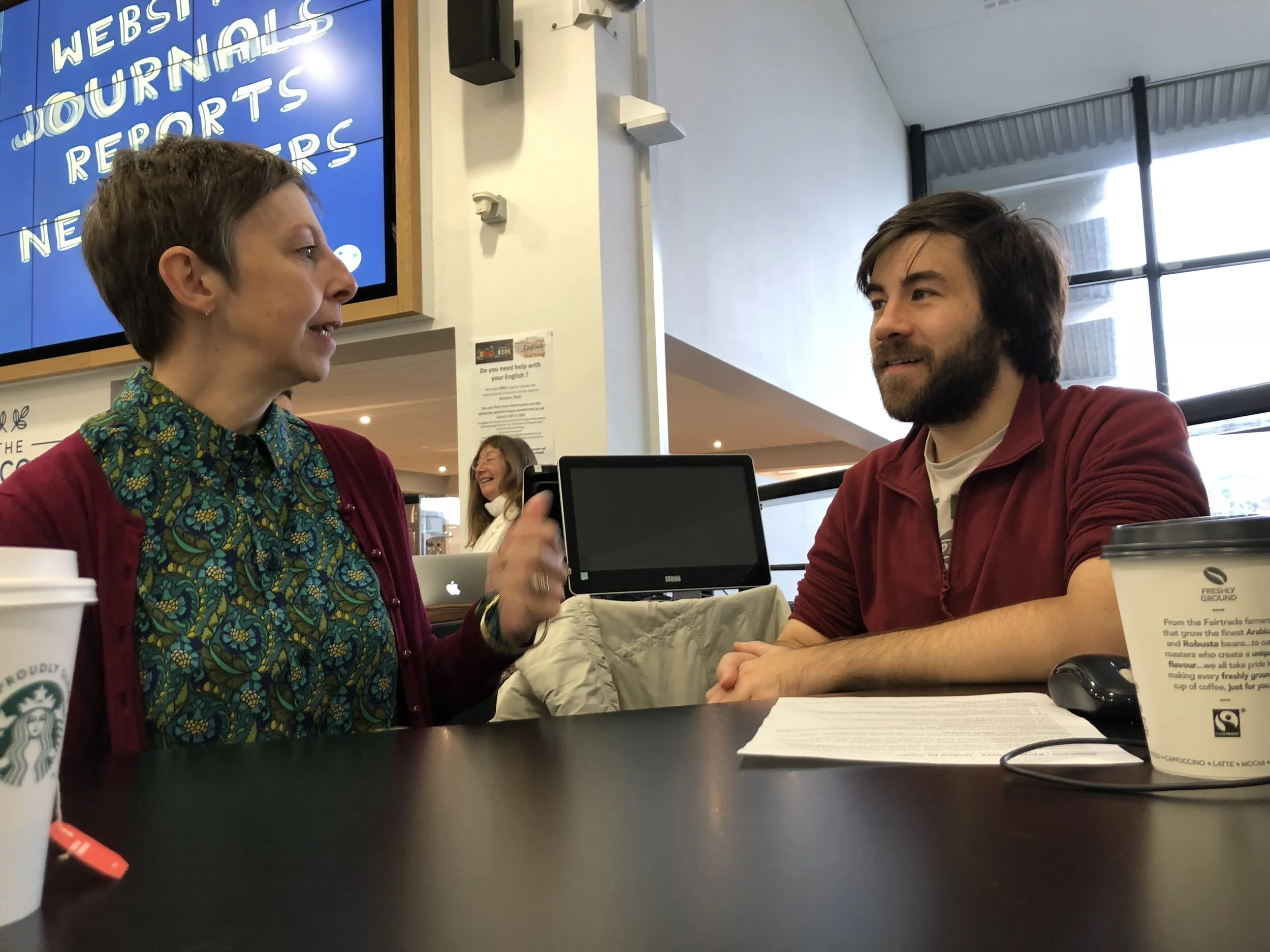 Our guests, Odette Johnson (a.k.a. “Museleon”, Audio / Sound Artist) and Lewis Harrower (Audio Features Producer) catch up over a coffee in the University of Sunderland’s Prospect building, ahead of the live ArtyParti broadcast later that morning.