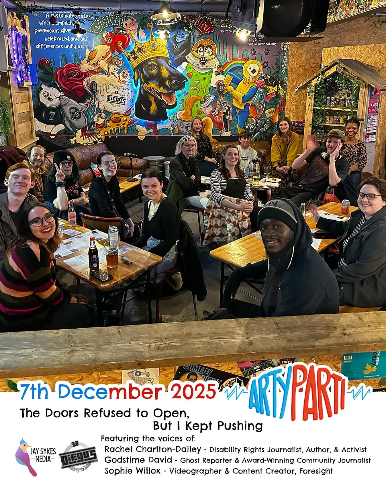 A new episode of the #ArtyParti #podcast is now available to enjoy - use the link in our bio, or listen wherever you get your podcasts 🎨🎉🎙️

This episode is a panel discussion with a live audience, held at Diego&rsquo;s Joint @diegosjoint in #Sund