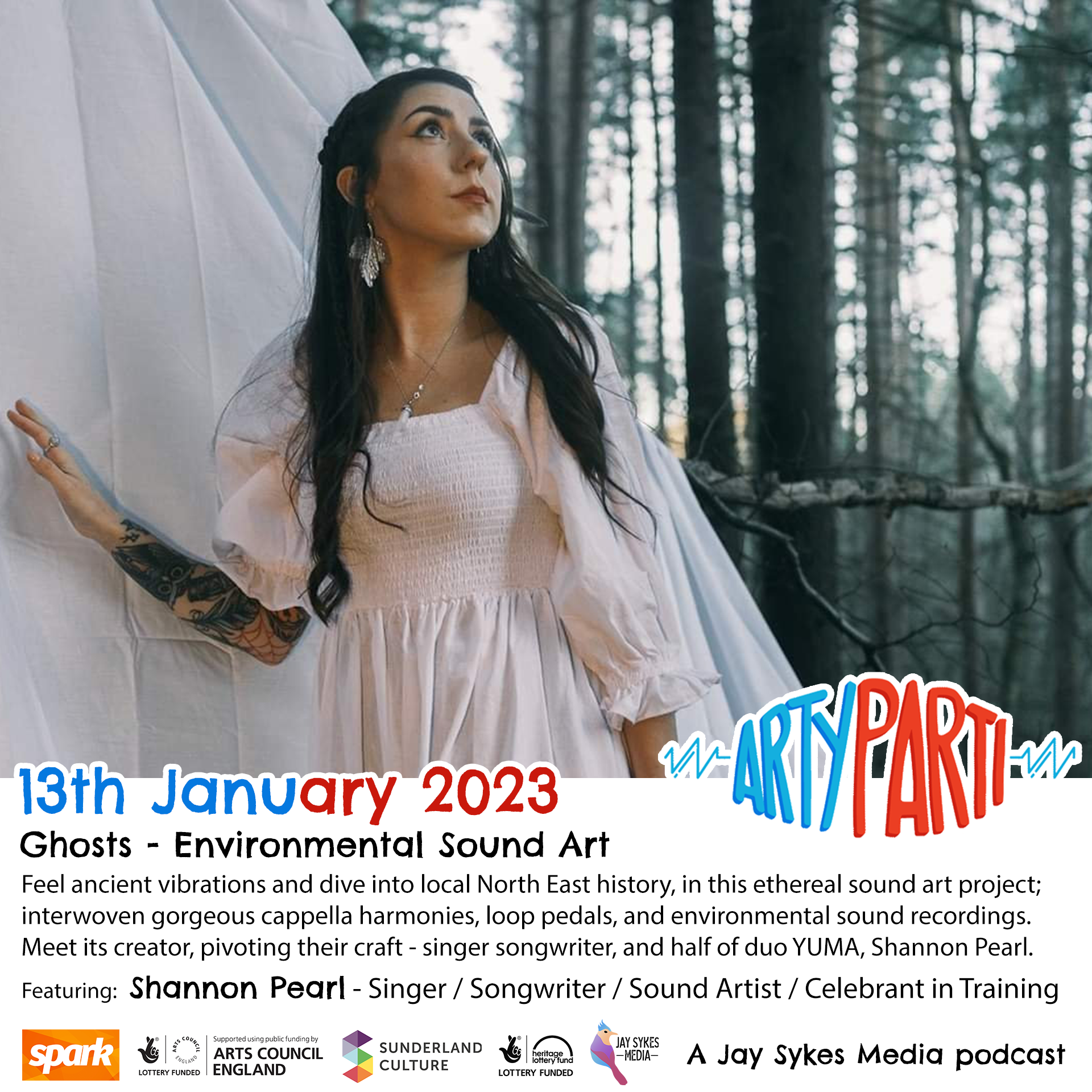 Singer and sound artist Shannon Pearl in a flowing white dress and leaf earrings, looking up in a forest.