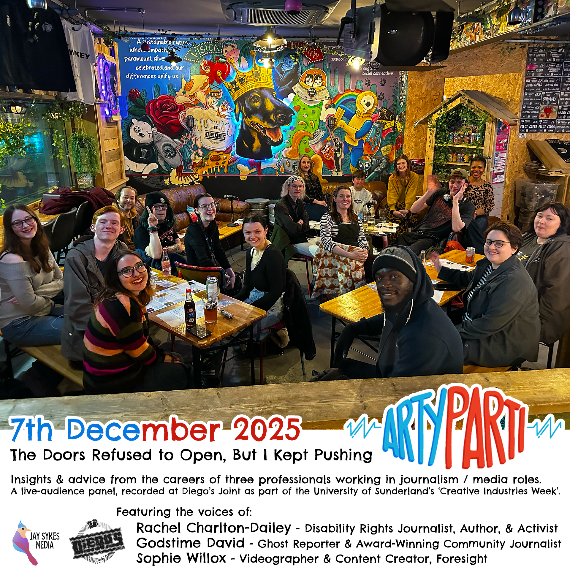 Panelists and attendees of a live-audience panel recording at Diego's Joint - where journalists Rachel Charlton-Dailey and Godstime David, and media producer Sophie Willox, share actionable advice for employment in the creative industries.