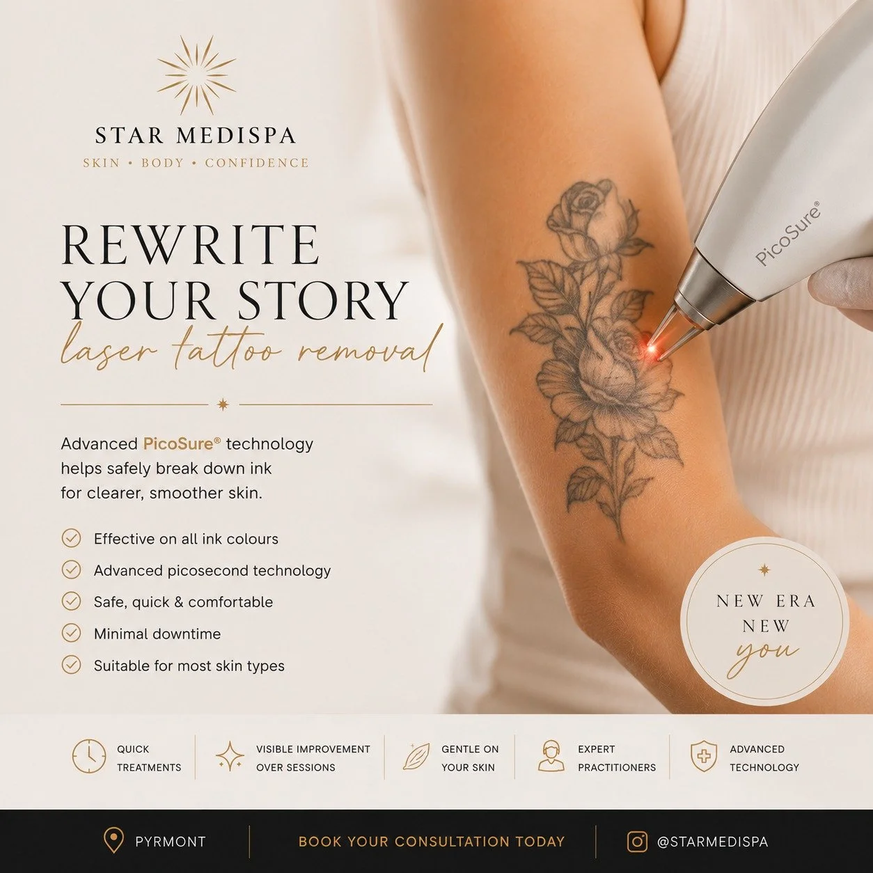 Some tattoos tell a story. Others are a chapter you're ready to close.

At @starmedispa , we use advanced PicoSure&reg; laser technology to safely target tattoo ink while helping protect the surrounding skin.

✨ Suitable for most tattoo colours.
✨ Ad