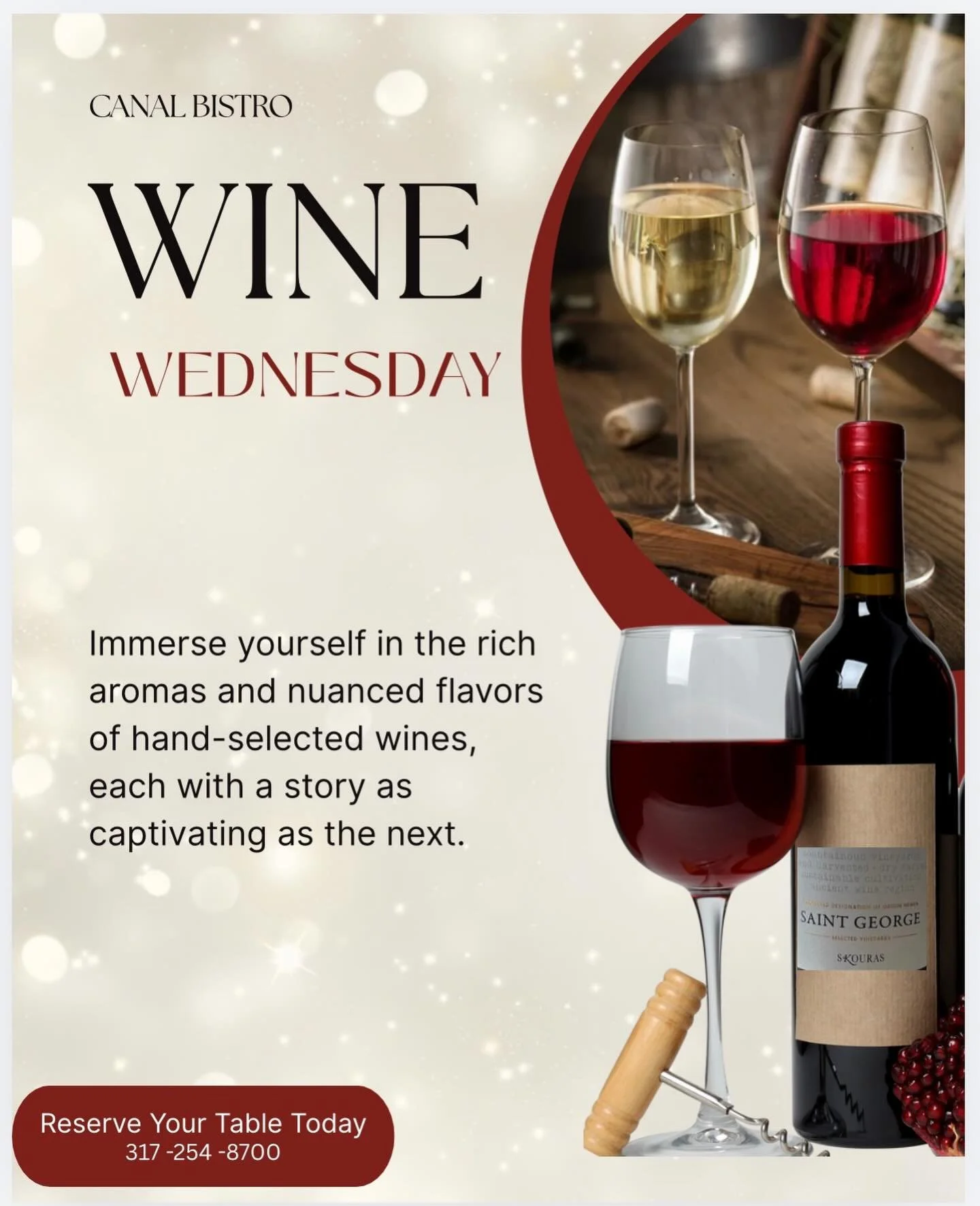 Wine down by the water with us tonight at Canal Bistro for Wine Wednesday. 🍷
Unwind on the canal with:
&bull;	Hand‑picked Mediterranean‑friendly wines by the glass and bottle. Enjoy exclusive pricing on all bottles today.
&bull;	Perfect pairings lik